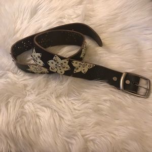 women brown belt flowers rhinestones classy